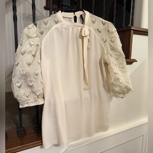 Luna Rae Puff Sleeve‎ Cream Blouse with Textured Sleeves